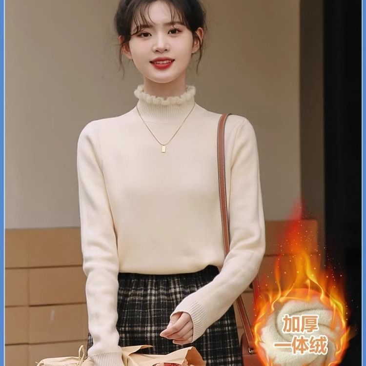 一體絨打底衫洋氣內搭保暖上衣2023秋冬爆款半高領毛衣女針織打底