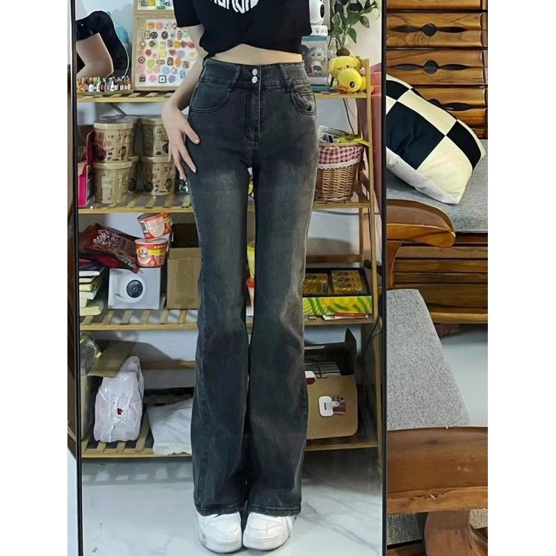  Autumn and Winter High Waisted Large Size Fat mm Versatile Korean Style Trendy Double Button Floor-Mopping Slim Flare Pants Student Edition