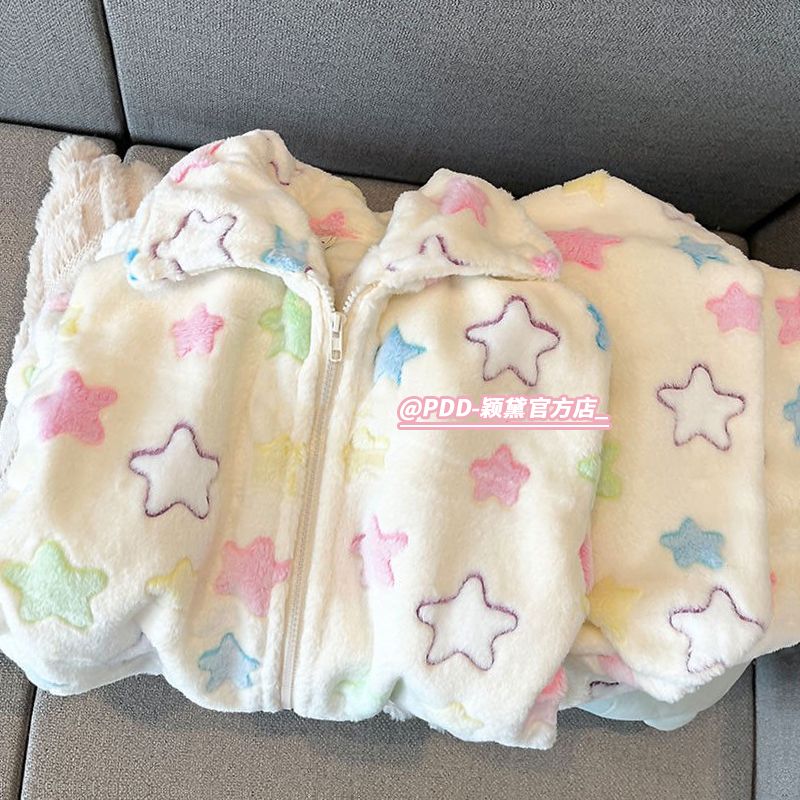 韓版ins風星星印花法蘭絨睡衣女秋冬加厚高顏值珊瑚絨家居服套裝