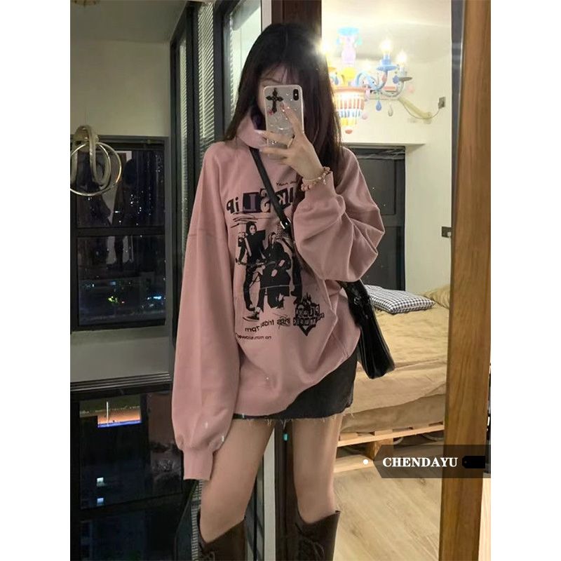 Chen Dayu retro American pink sweatshirt autumn and winter new style plus velvet thickening trendy brand oversize hooded top