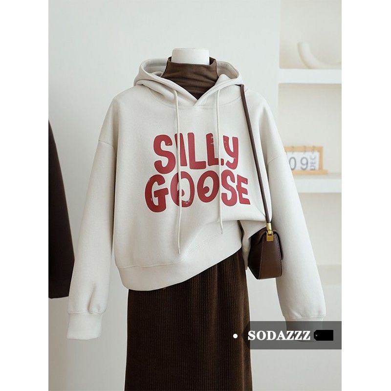 SODAZZZ silver fox velvet thickened hooded letter print sweatshirt autumn and winter new short jacket loose top