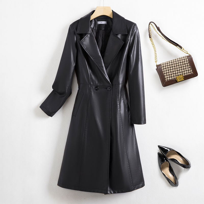 黑色保暖中长款皮衣风衣外套女新款秋冬韩版今年流行时髦大衣外套