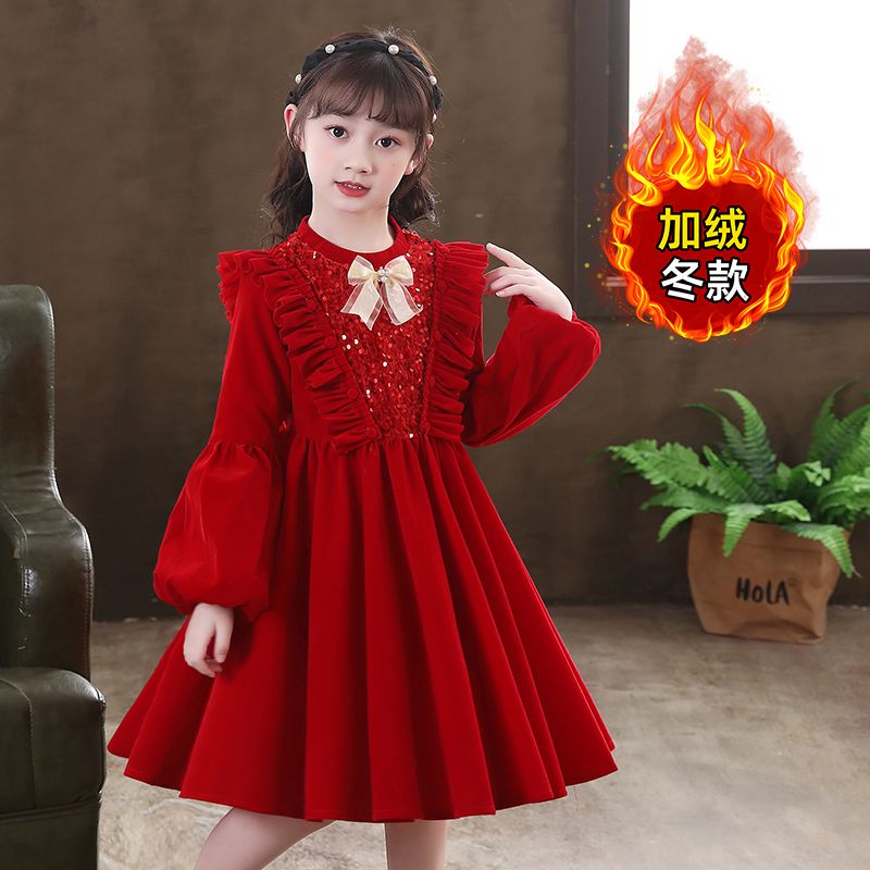女童連衣裙加絨加厚冬裝2023新款冬季紅色拜年服裙子中大童公主裙