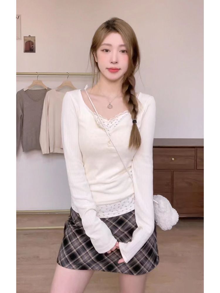 設計感碎花拼接鎖骨長袖打底衫女秋冬假兩件緊身蕾絲顯胸內搭上衣