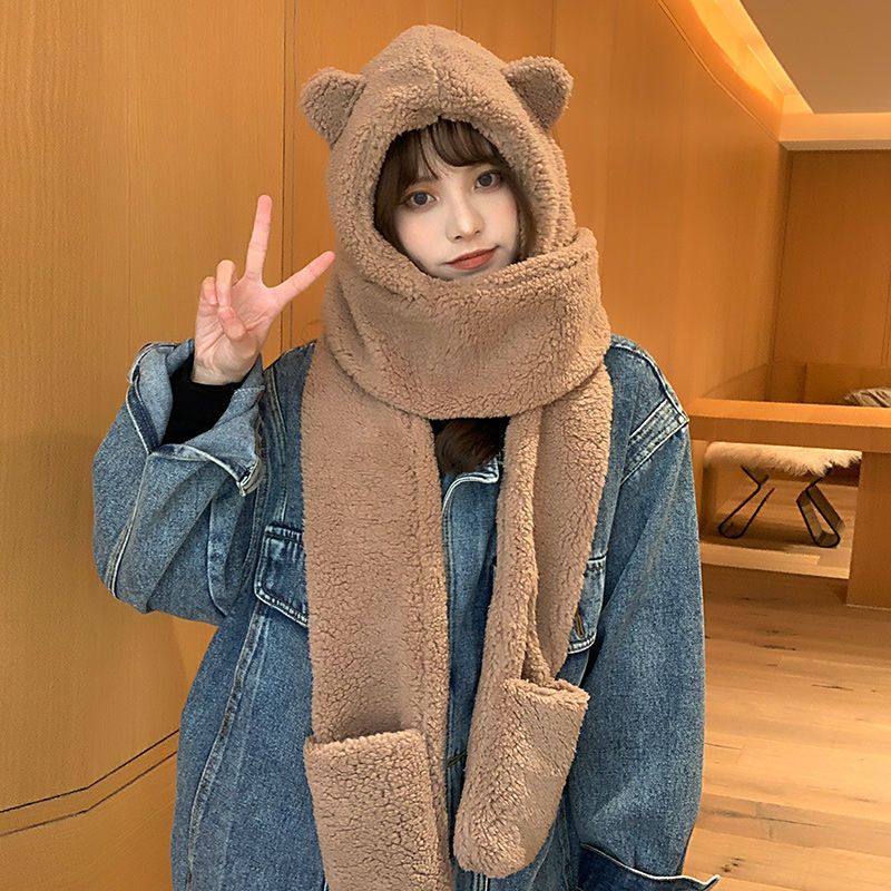 Hats for women in autumn and winter, versatile and cute rabbit ears scarf, integrated neck scarf, ear protection, warm winter hot street Internet celebrity model