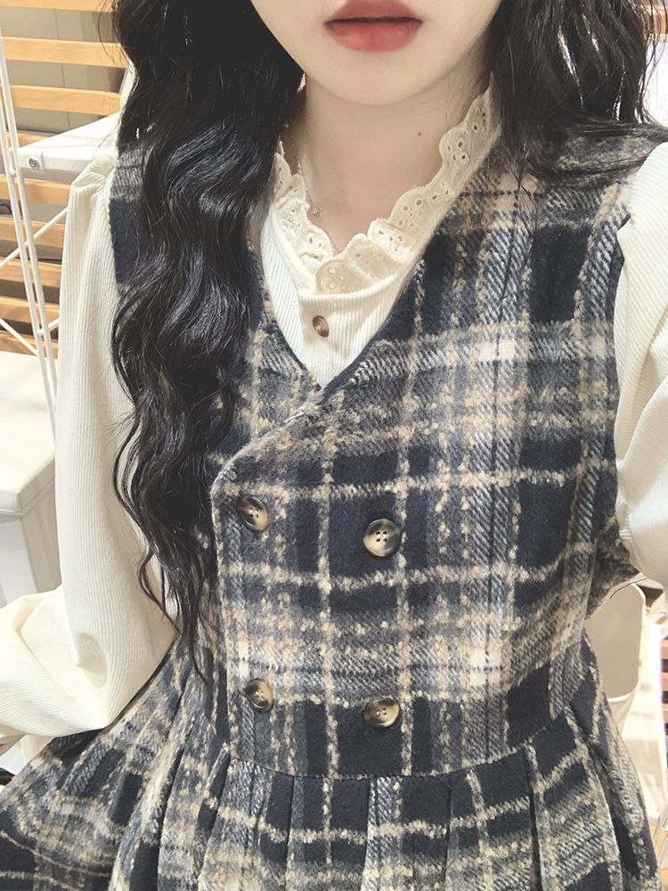 茶歇法式格紋毛呢連衣裙女秋冬兩件套小個子氣質收腰森系初戀長裙