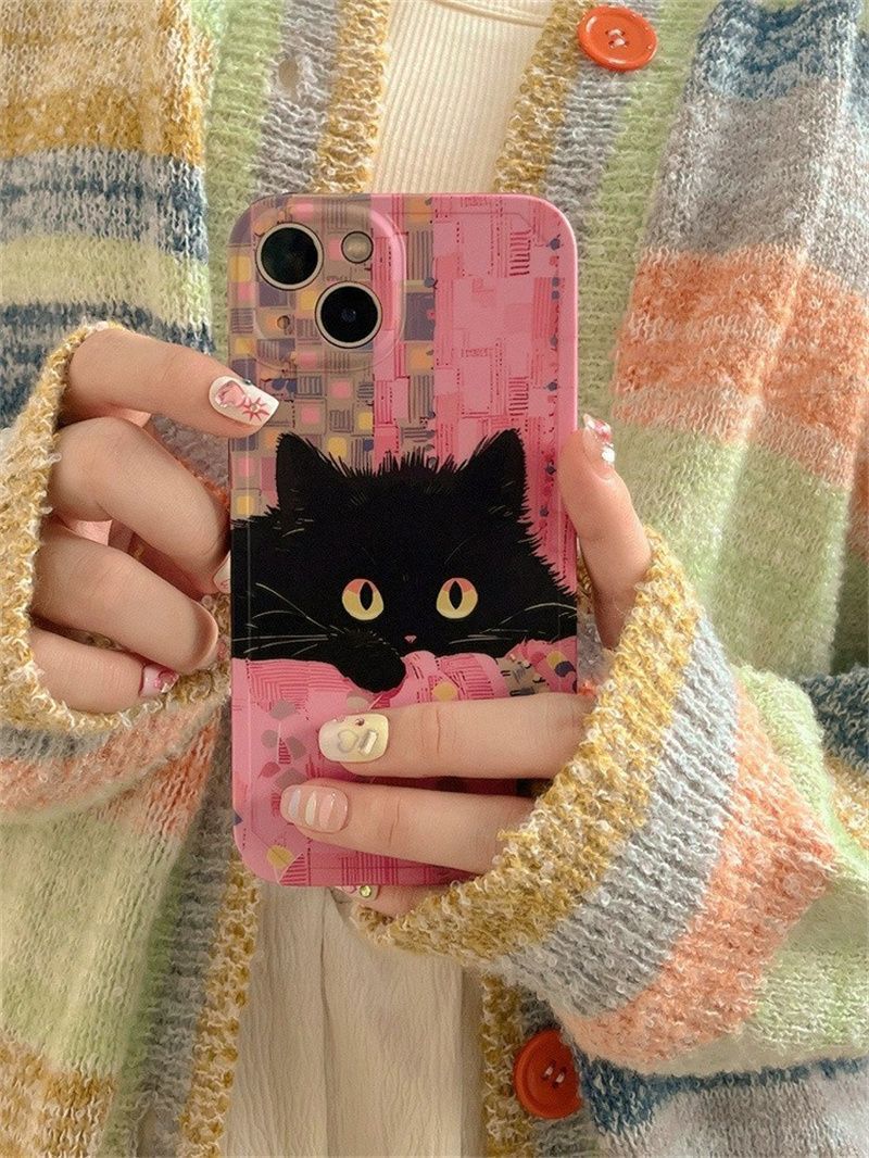ins粉色涂鸦黑猫适用iPhone15PROMAX支架手机壳新款苹果15/13透明