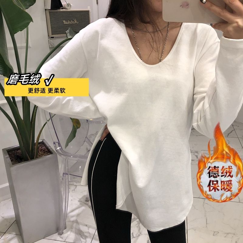 白色加絨打底衫女秋冬季v領內搭中長款磨毛洋氣減齡開叉長袖t恤潮