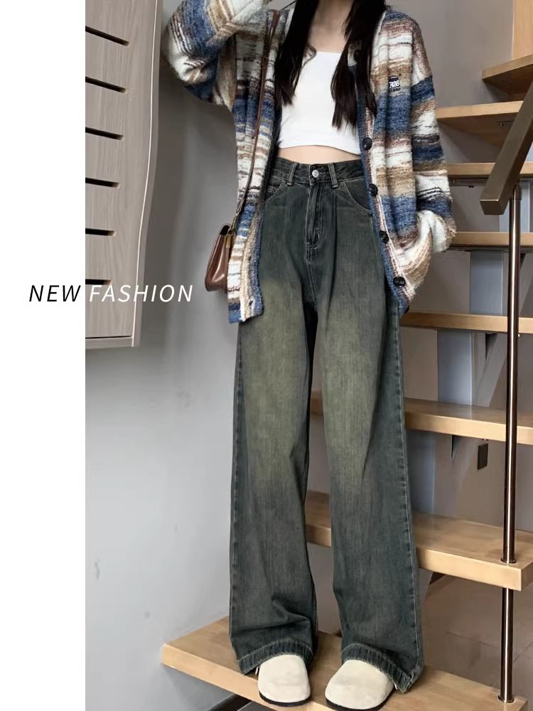 水泥灰闊腿牛仔褲女2023年秋冬新款復古高腰寬鬆顯瘦直筒加長褲子