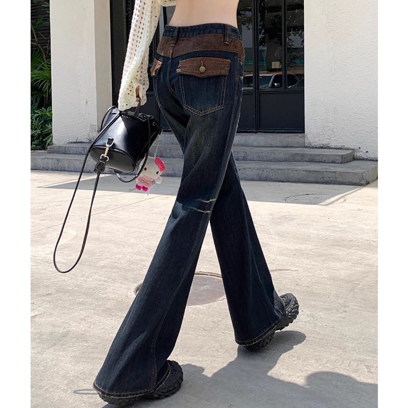 美式辣妹復古做舊拼接微喇叭牛仔褲女小個子顯瘦高腰修身拖地褲子
