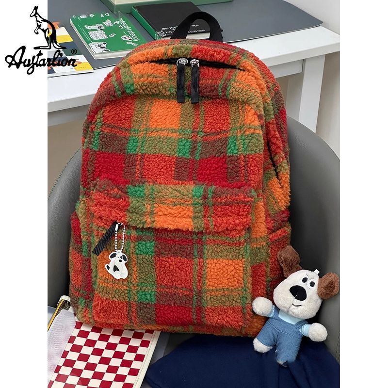 AUGTARLION韩版羊羔绒双肩包红色系时尚复古学院格子书包旅行背包