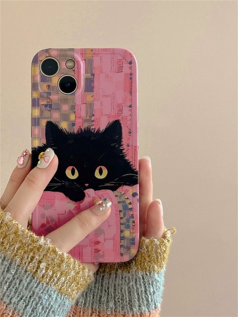 ins粉色涂鸦黑猫适用iPhone15PROMAX支架手机壳新款苹果15/13透明