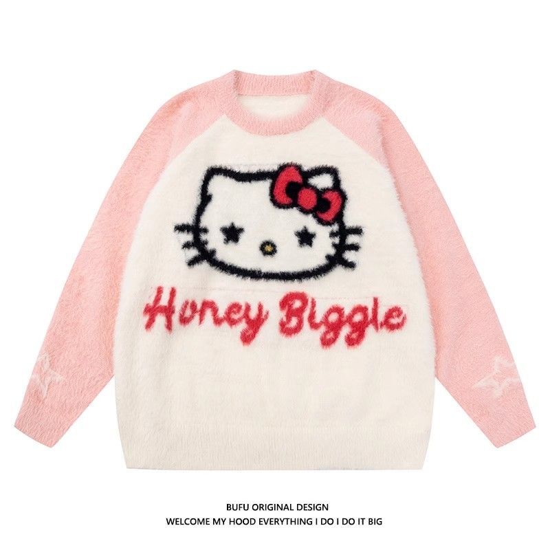 奶甜系可愛撞色圓領插肩hellokitty毛衣男女秋冬情侶保暖針織衫潮