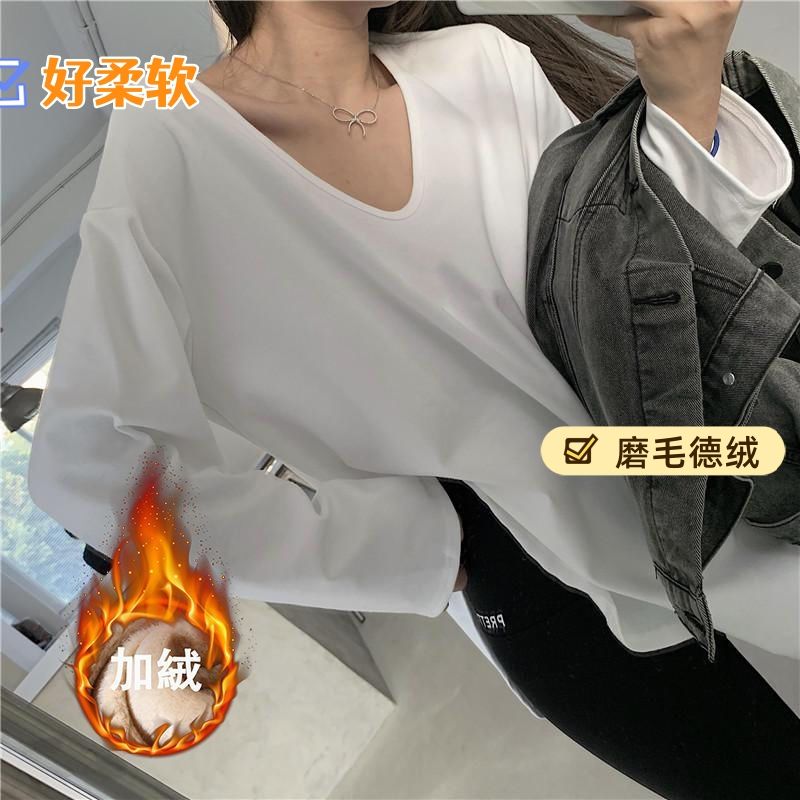 絨加厚v領打底衫女秋冬新款寬鬆純色內搭開叉磨毛長袖T恤上衣潮