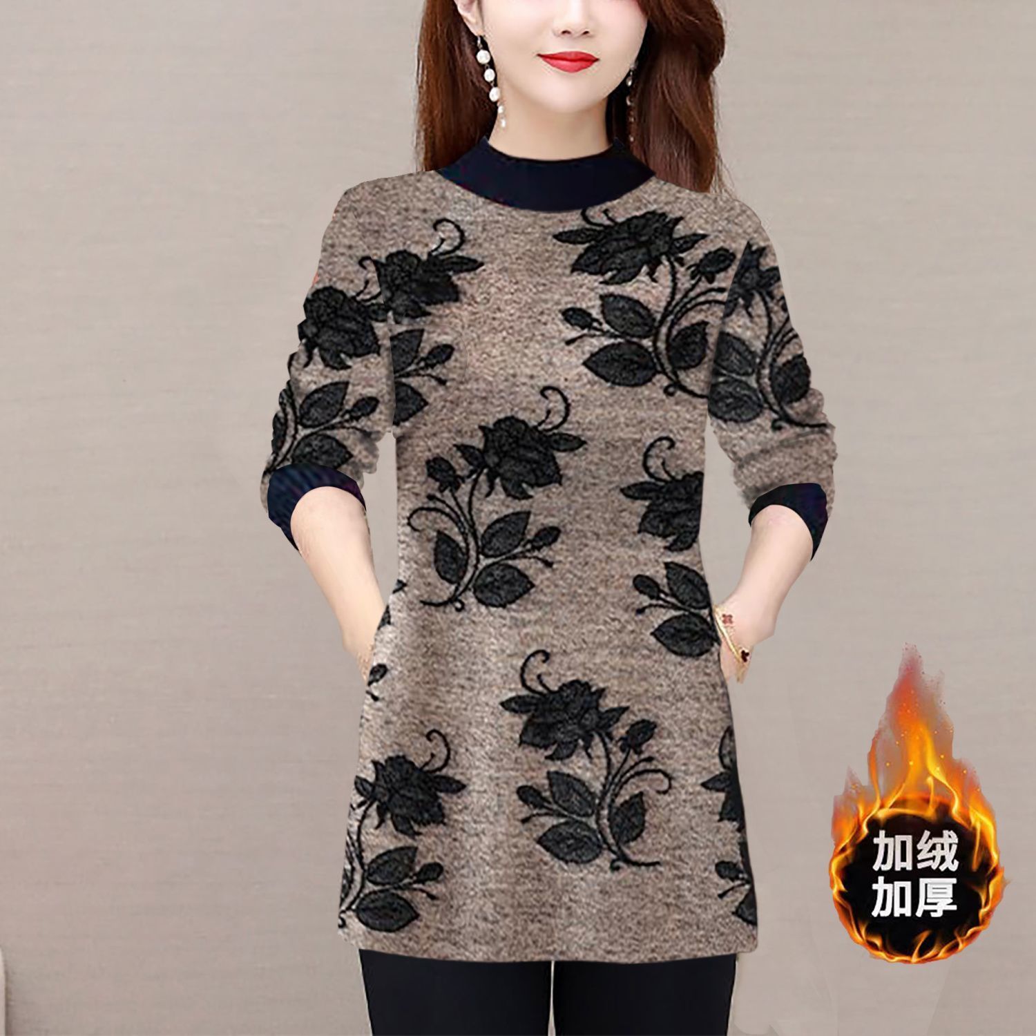 媽媽裝加絨加厚打底衫2023上衣冬季新款洋氣遮肚子中老年外穿女