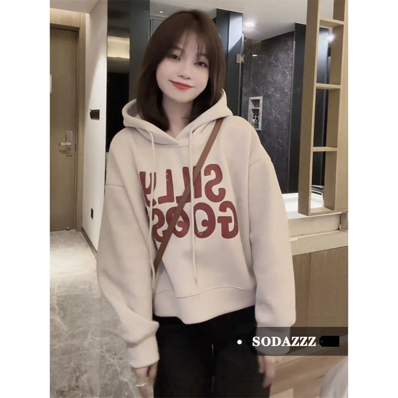 SODAZZZ small silver fox velvet thickened hooded sweatshirt women's autumn and winter short coat printed loose top