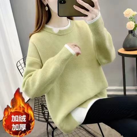 加絨加厚毛衣女秋冬外穿2023新款韓系寬鬆慵懶風假兩件針織衫上衣