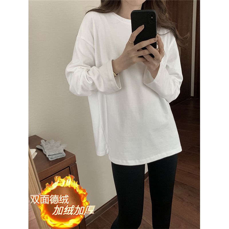 加厚雙面徳絨圓領白色打底衫女加絨秋冬磨毛內搭純色寬鬆中長T恤