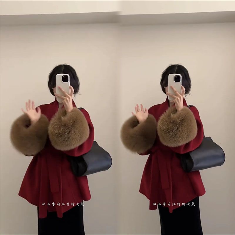 時尚大衣女冬季新款高端寬鬆長袖呢子加厚收腰名媛風毛毛袖仿皮草