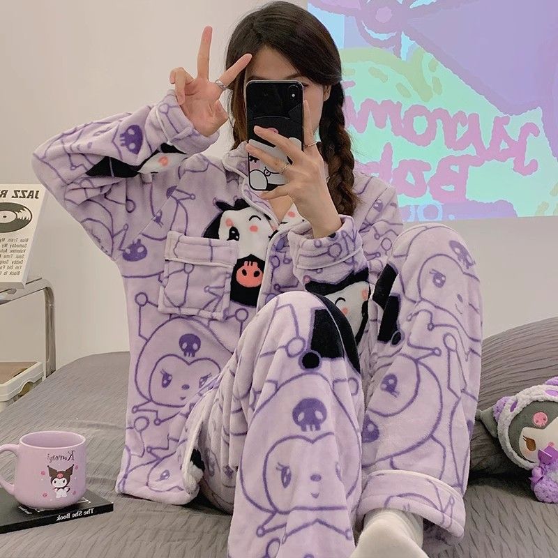 庫洛米睡衣女秋冬季珊瑚絨加絨加厚法蘭絨女士韓版開衫家居服冬天