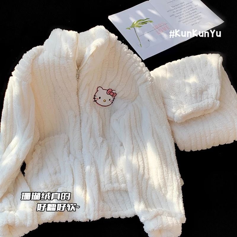 新款拉鏈可愛白色凱蒂貓睡衣女秋冬季珊瑚絨加厚學生家居服兩件套