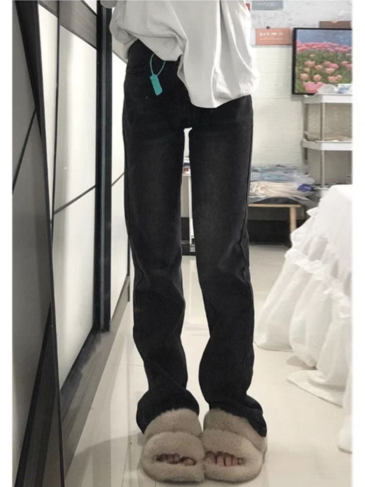 美式高街黑灰直筒牛仔褲女冬季新款高腰寬鬆顯瘦窄版闊腿煙管褲子