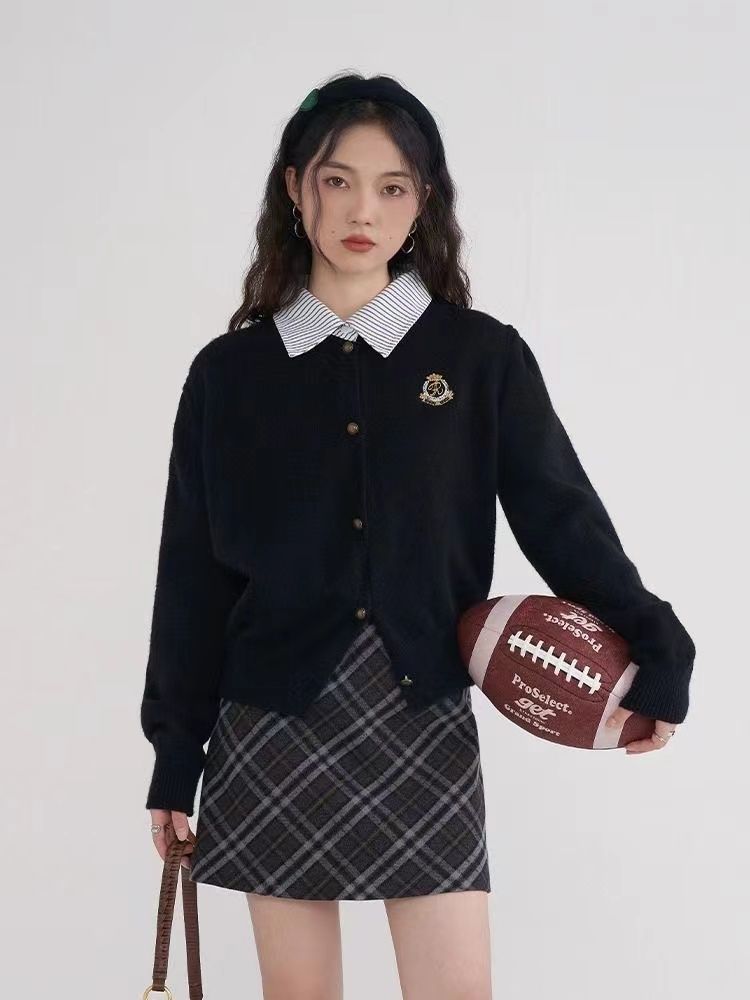 秋季年学院风韩版假两件简约针织毛衣减龄小个子半身裙套装女