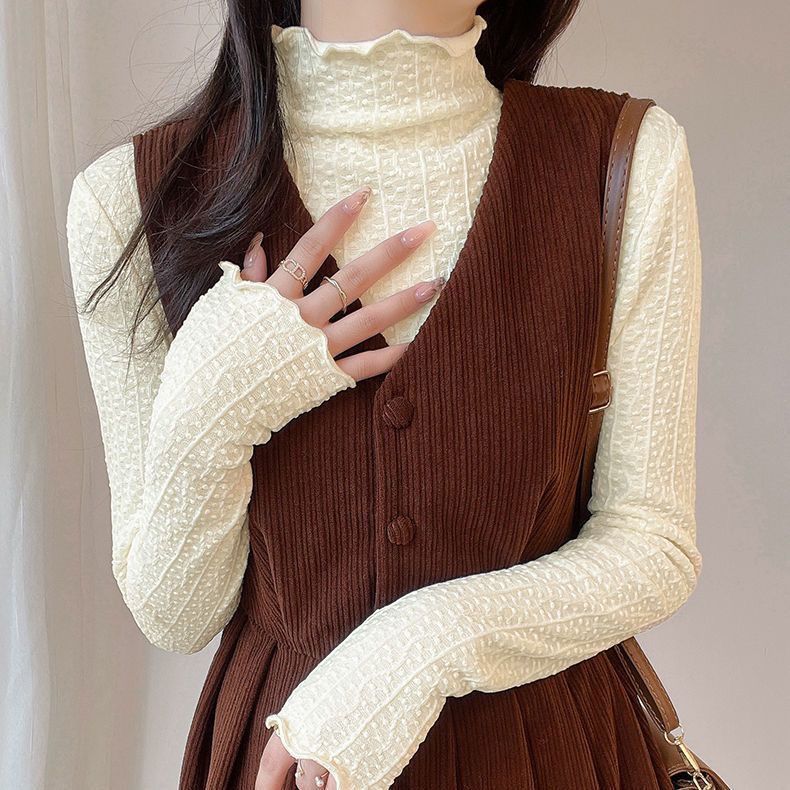 半高領蕾絲打底衫女內搭毛衣洋氣秋冬季磨毛加厚加絨中領網紗上衣