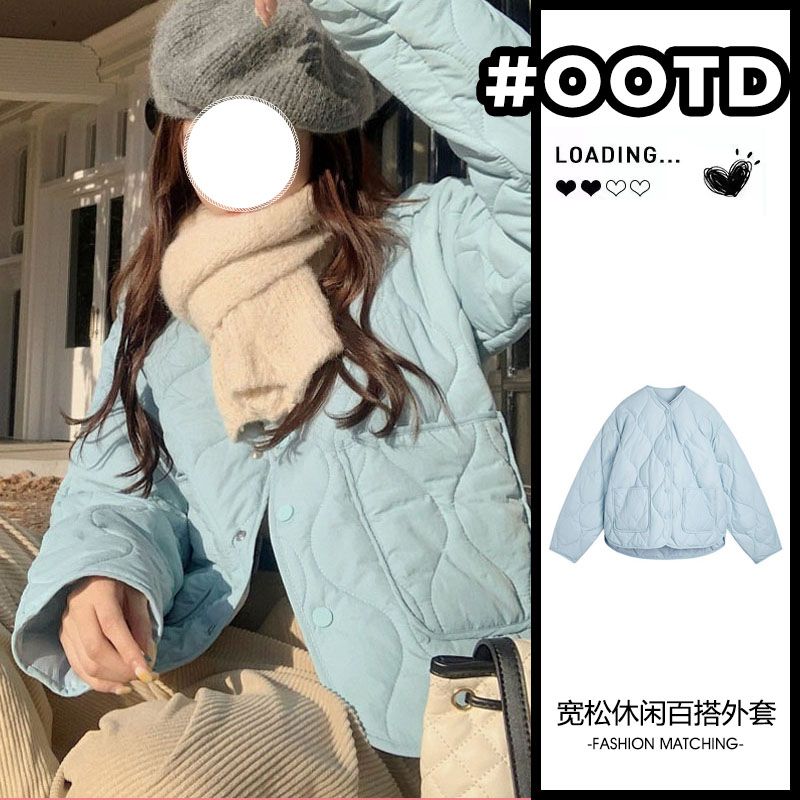 韓系藍色休閒棉衣外套女裝冬季小個子棉服加厚夾棉保暖棉襖上衣女