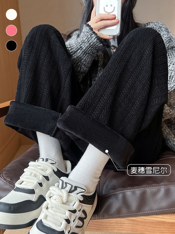 加絨麥穗紋針織闊腿褲女秋冬高腰垂感寬鬆休閒雪尼爾直筒拖地褲子
