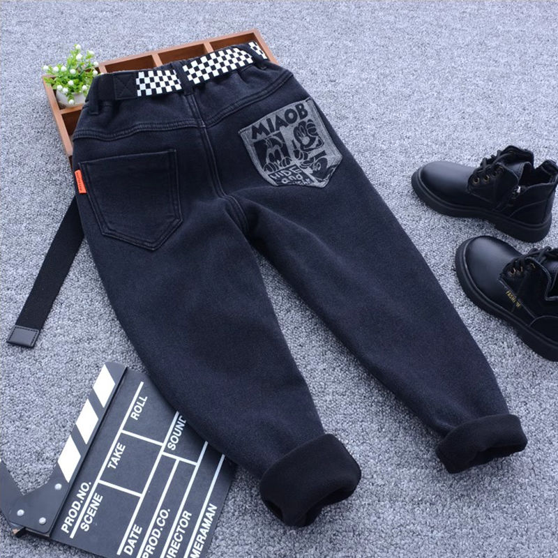 Boys' jeans in autumn and winter, thickened with velvet, new Korean style, fashionable and casual all-in-one velvet boys' pants for middle and large children