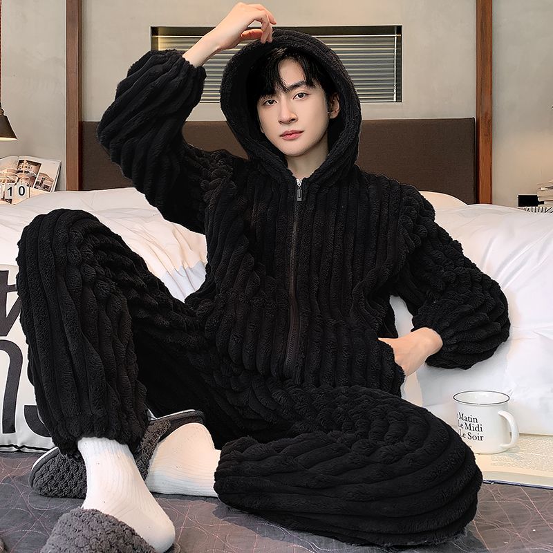 新款拉鏈法蘭絨冬季睡衣青少年連帽加厚珊瑚絨男士保暖家居服套裝