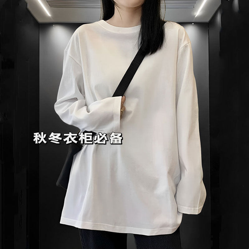 加厚雙面徳絨圓領白色打底衫女加絨秋冬磨毛內搭純色寬鬆中長T恤