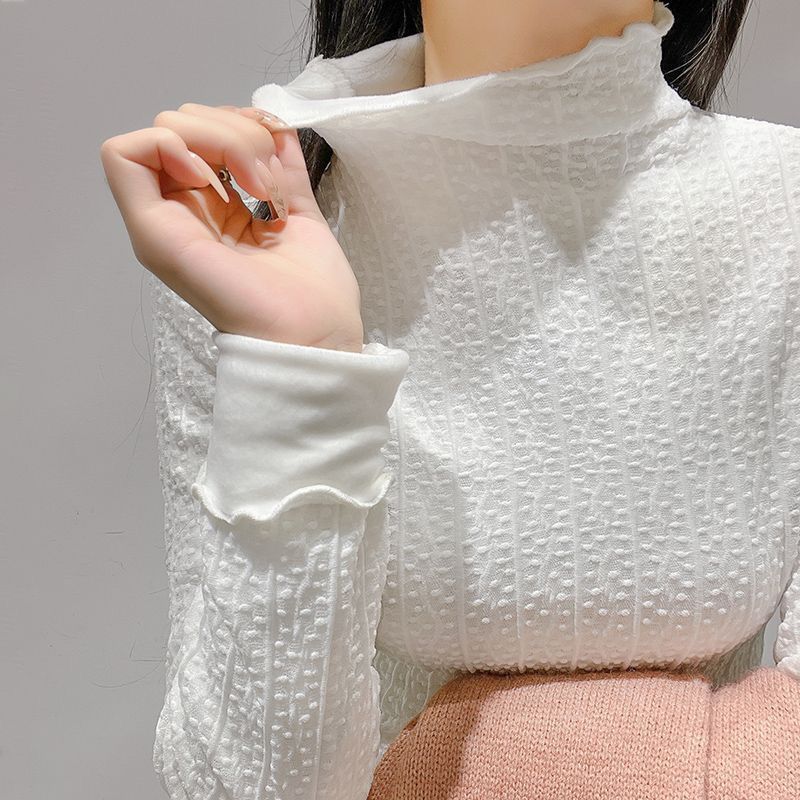 加絨加厚蕾絲打底衫女冬季2023新款洋氣內搭小衫高領網紗上衣