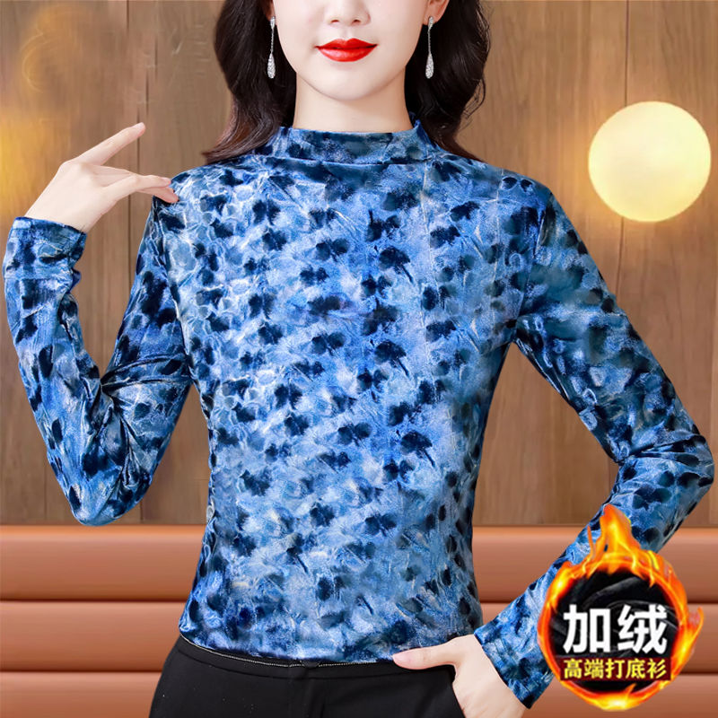 高檔金絲絨打底衫秋冬新款女長袖半高領上衣時髦印花中年媽媽小衫