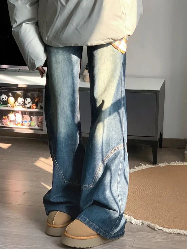 水泥灰做舊微喇叭牛仔褲女冬季新款低腰寬鬆顯瘦顯高直筒拖地褲子
