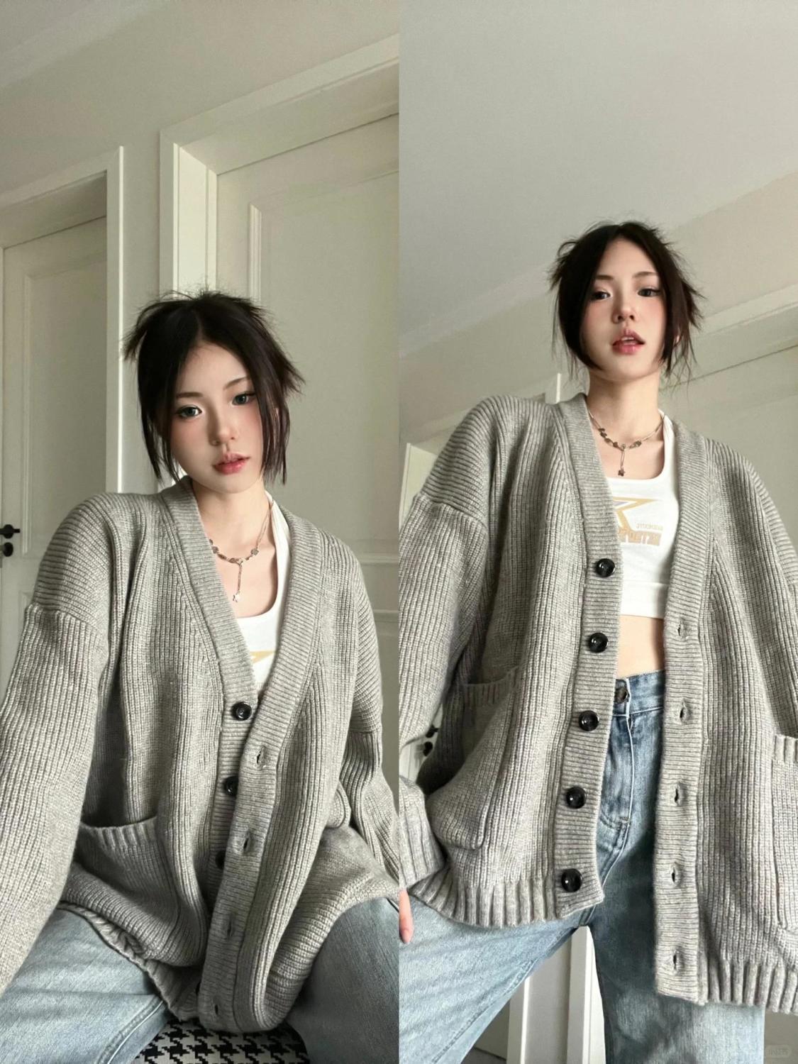 Gray sweater coat autumn and winter new spring and autumn Japanese style lazy retro spring and autumn knitted loose cardigan top for women
