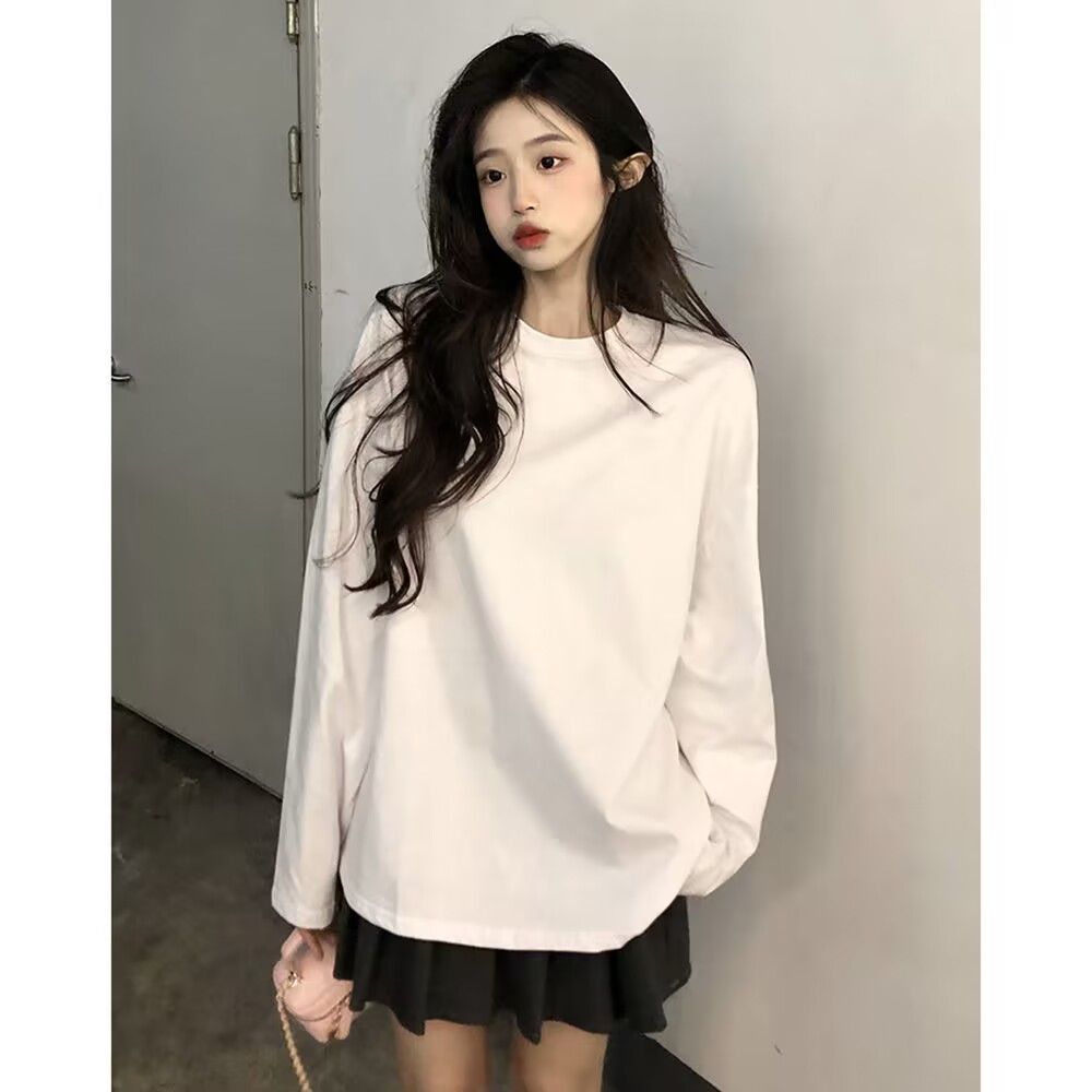 雙面德絨磨毛打底衫女秋冬內百搭白色寬鬆中長款圓領長袖T恤上衣
