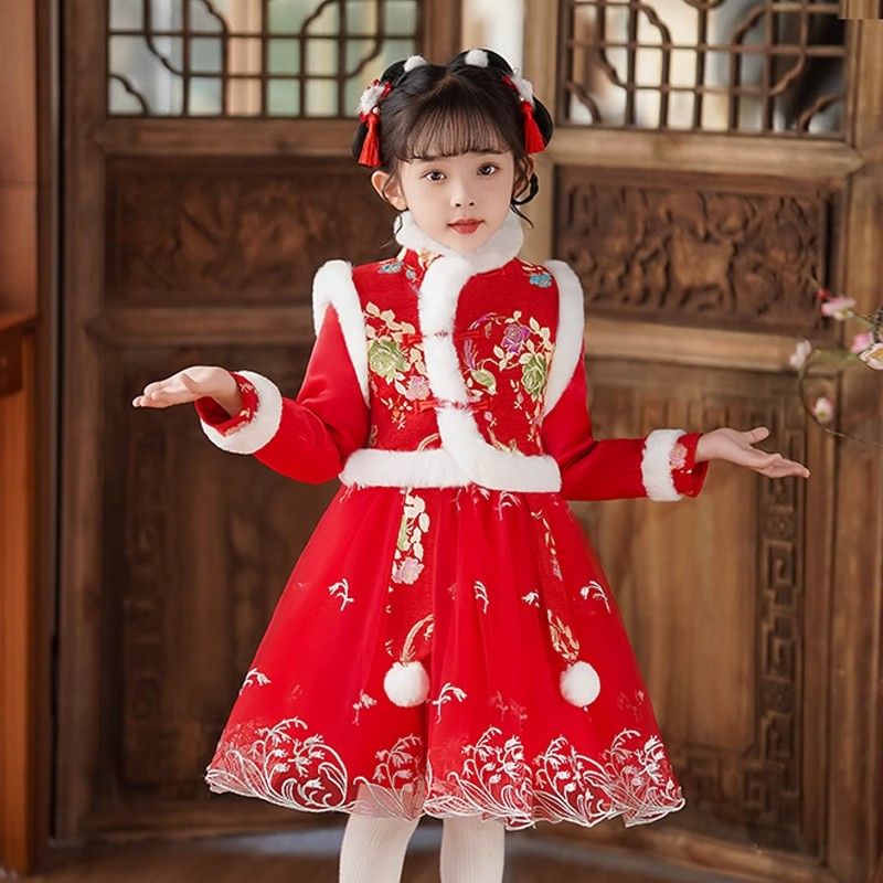 漢服女童冬款兒童古裝加厚過年冬季唐裝2024新款中國風超仙拜年服