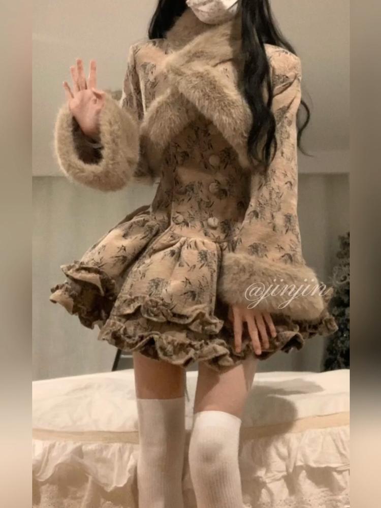【品牌LALADUDU】胖mm法式復古高級感外套女冬氣質蓬蓬連衣裙套裝