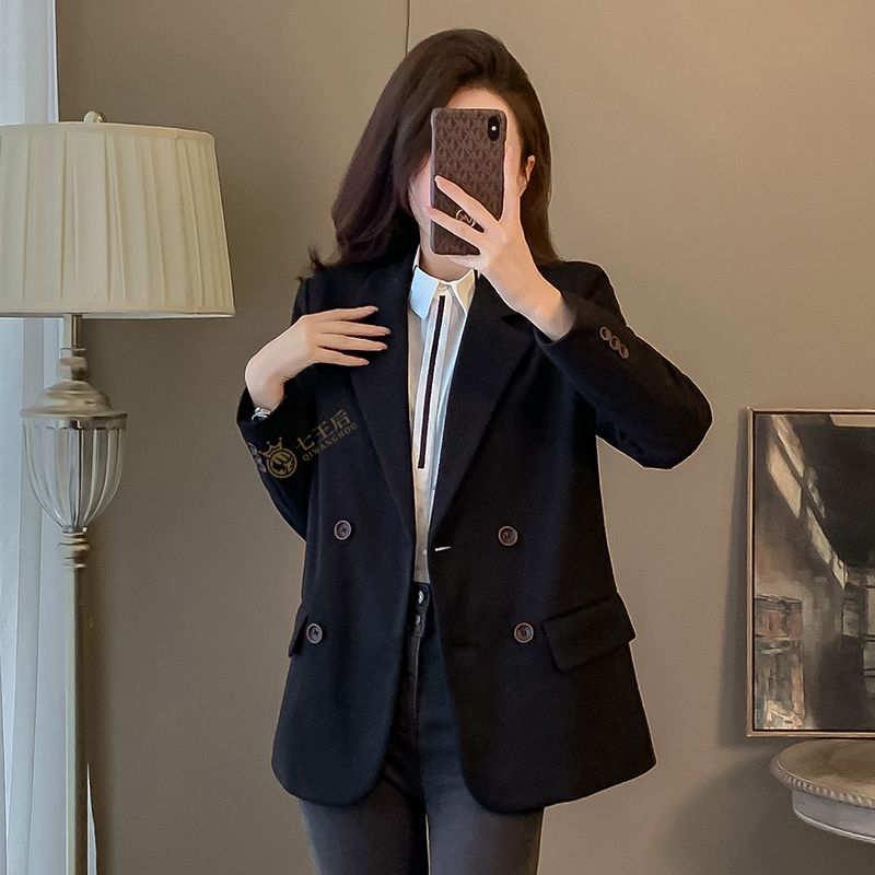 High-end autumn and winter black suit jacket for women 2023 new temperament casual Korean version slim waist thickened suit