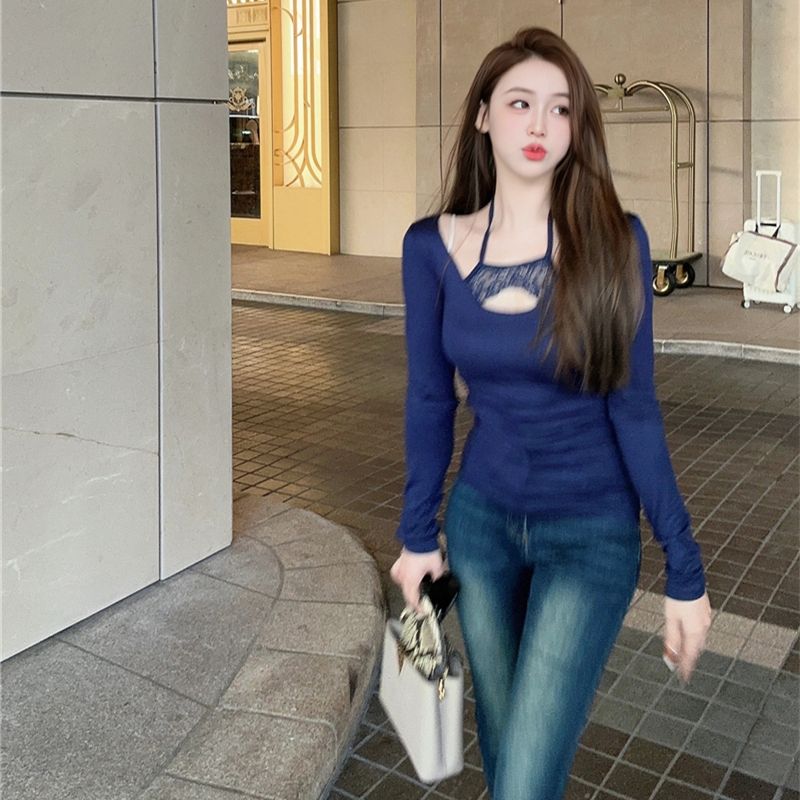 蕾絲韓系掛脖收腰假兩件短款上衣女內搭純欲長袖t恤超好看打底衫