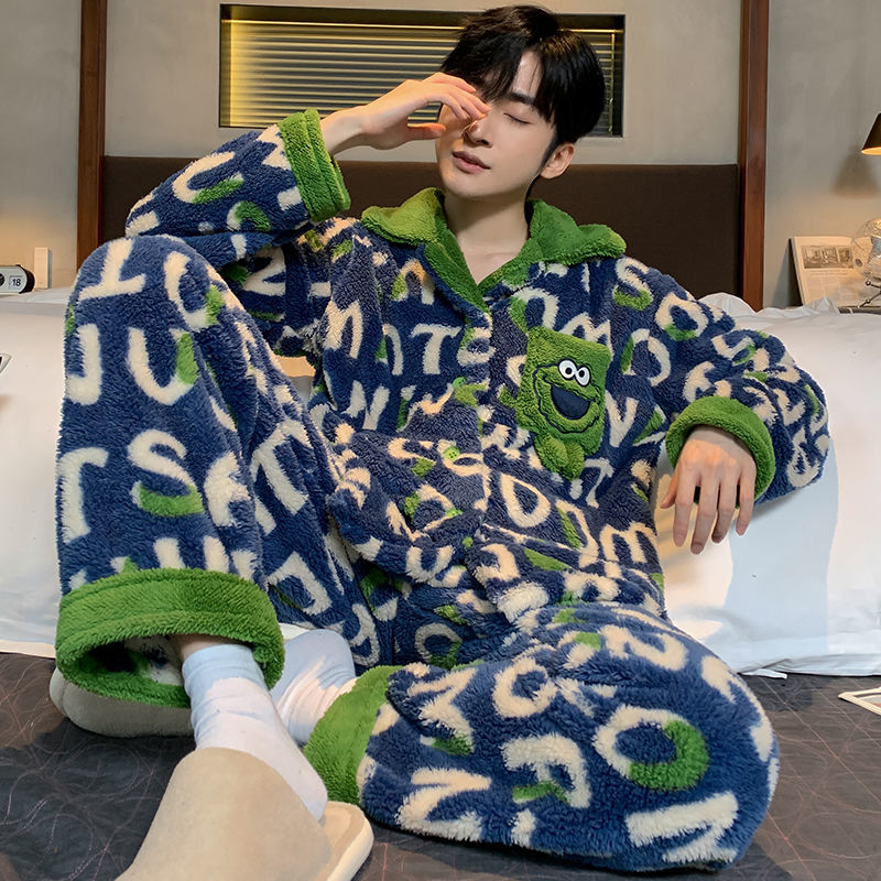 珊瑚絨睡衣男士秋冬加絨加厚款保暖法蘭絨卡通青年家居服套裝冬