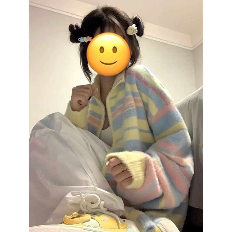 小众设计感彩色条纹针织开衫毛衣男女气质百搭慵懒风冬季显瘦上衣