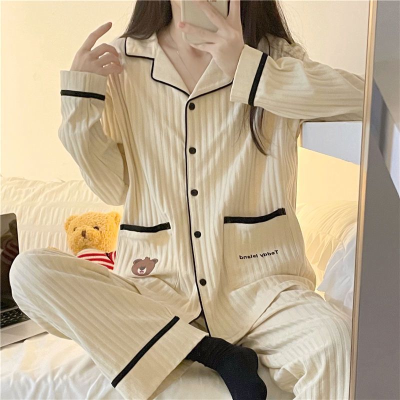 ins風可愛熊寶睡衣女春秋季新款簡約休閒長袖長褲宿舍家居服套裝