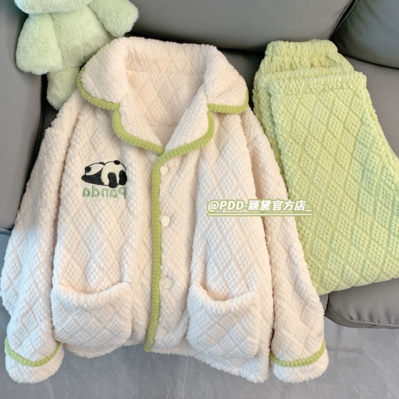 珊瑚絨睡衣女秋冬季加絨加厚2023年新款卡通熊貓法蘭絨家居服套裝