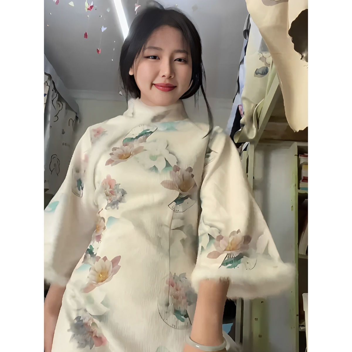 新中式2023秋冬加厚毛毛倒大袖改良旗袍長袖收腰包臀連衣裙印花款