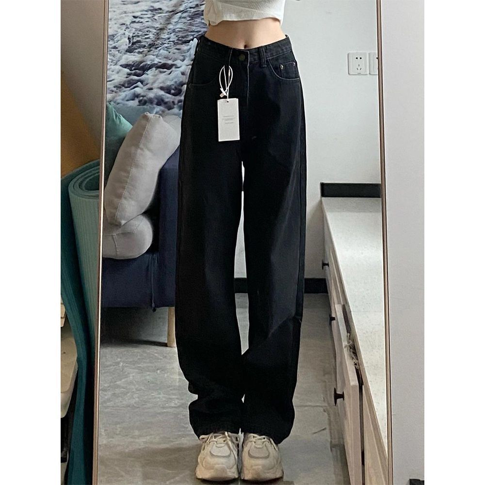 高街ins復古寬鬆黑色牛仔褲女春季新款高腰直筒闊腿拖地長褲子潮