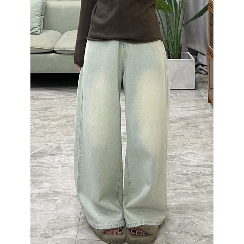 美式水洗淺色復古牛仔褲女秋冬新款高腰直筒顯瘦寬鬆拖地闊腿褲子