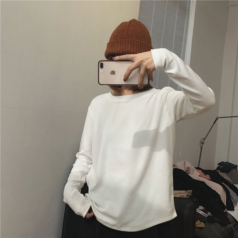 加厚雙面徳絨圓領白色打底衫女加絨秋冬磨毛內搭純色寬鬆中長T恤